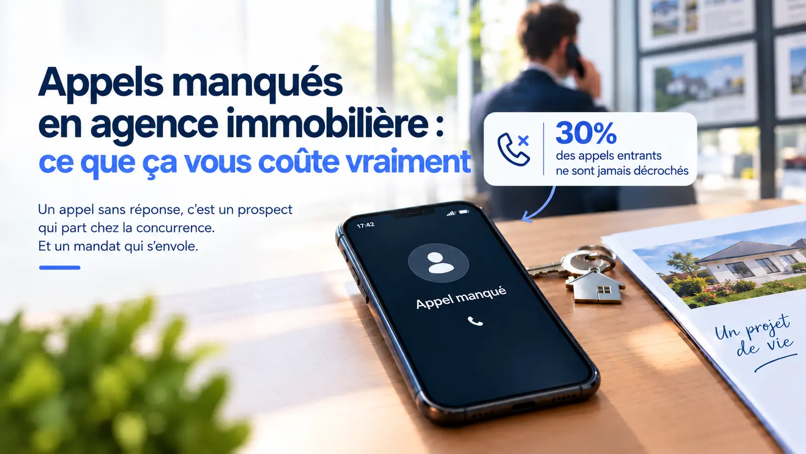 Téléphone qui sonne sans réponse dans une agence immobilière vide, symbolisant les appels manqués et les opportunités perdues